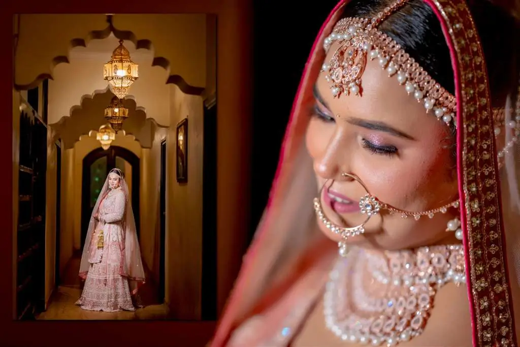 Creative portrait of an Indian bride in pastel bridal attire with mirror reflection and elegant indoor wedding photography composition.