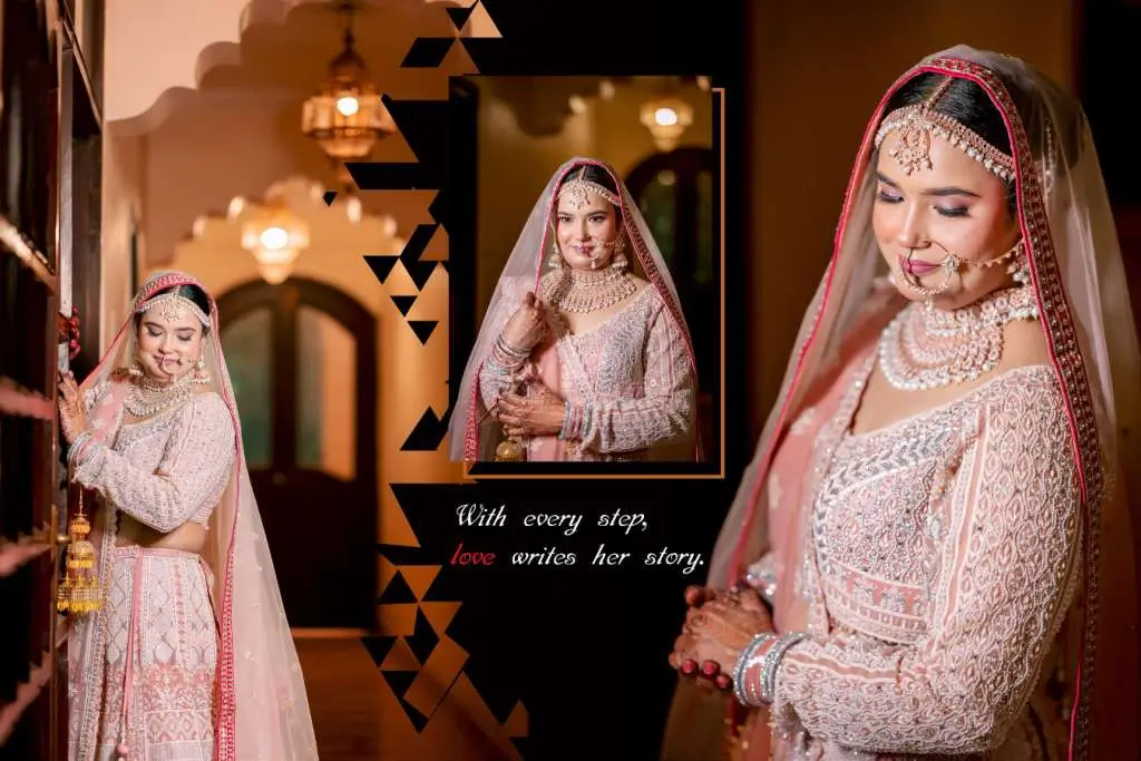 Stylish Indian bridal photoshoot collage showcasing bride in designer lehenga and traditional jewelry with artistic wedding photography edits.