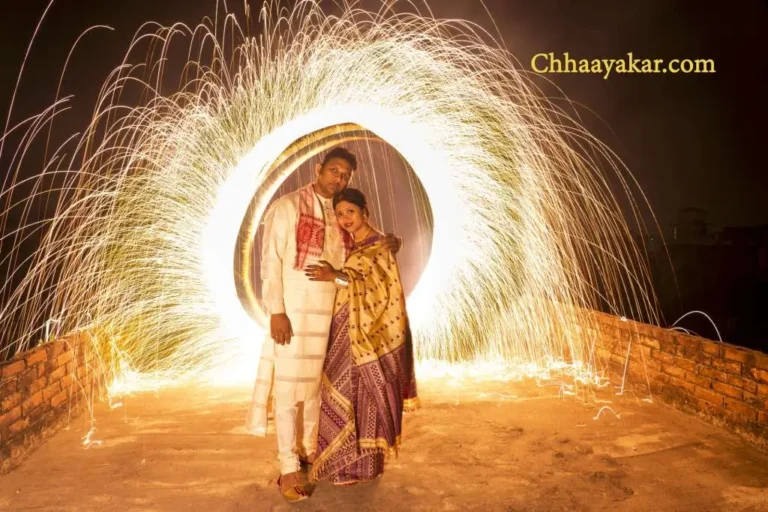 Dramatic night pre wedding photoshoot with colorful smoke and romantic dip pose